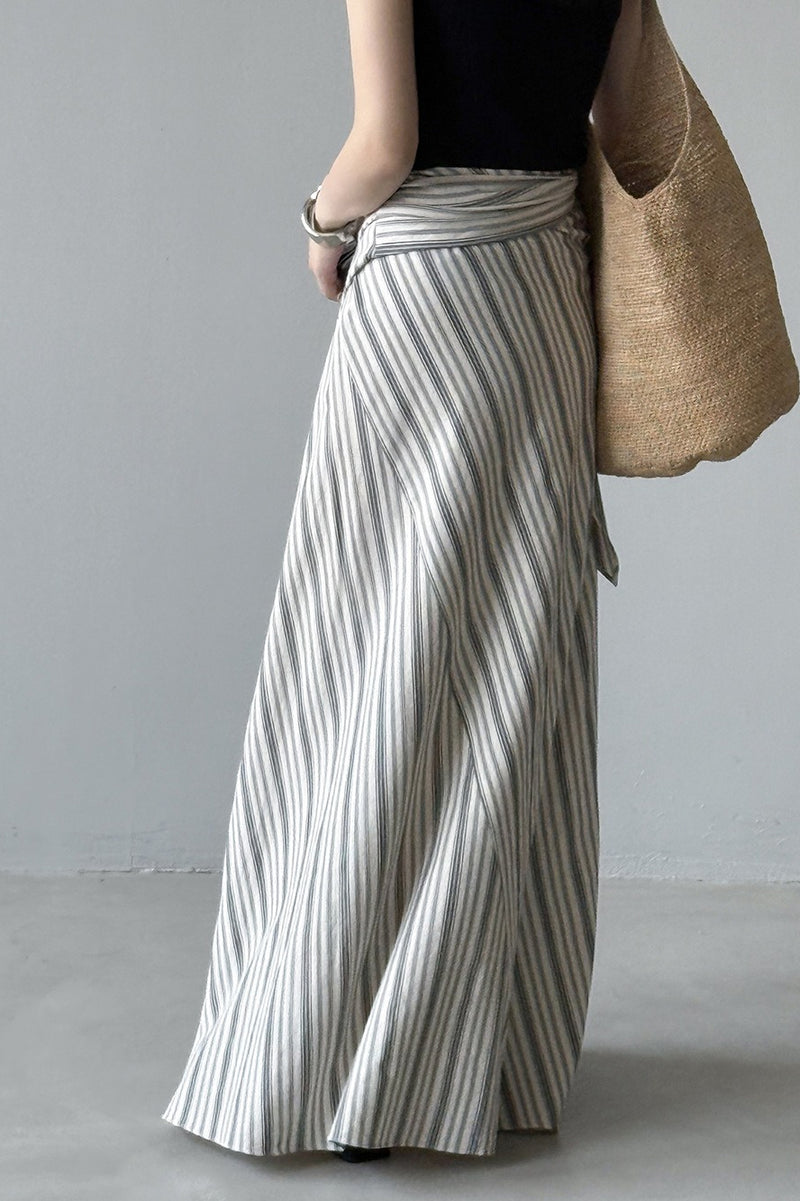 High Waist Striped Tie Waist A Line Maxi Skirt
