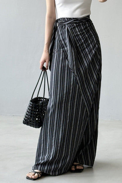 High Waist Striped Tie Waist A Line Maxi Skirt