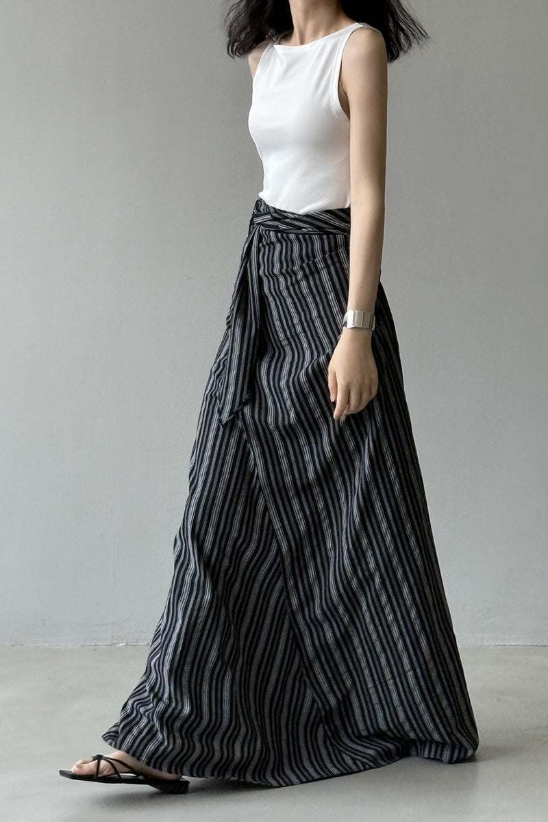 High Waist Striped Tie Waist A Line Maxi Skirt