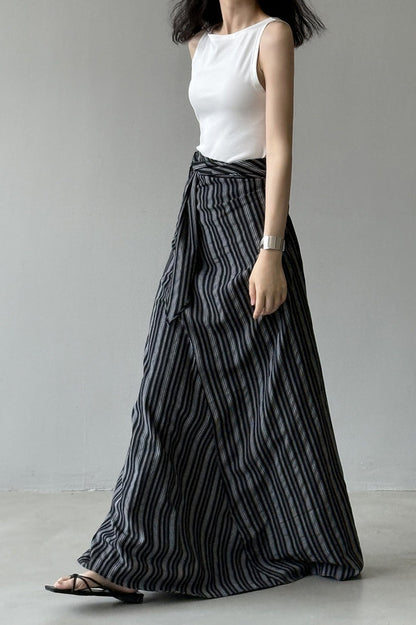 High Waist Striped Tie Waist A Line Maxi Skirt