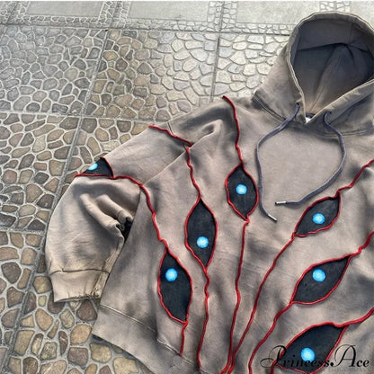 Hip-Hop Topstitch Eye Applique Hoodie Khaki / S