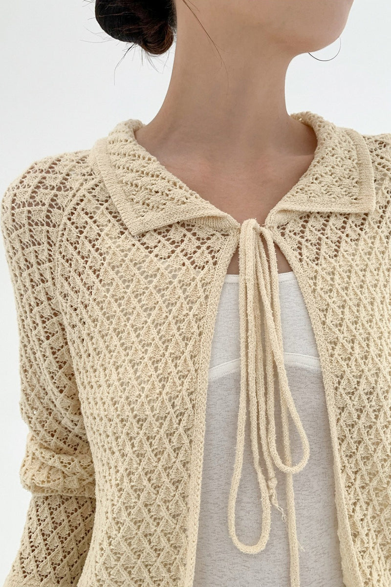 Hollow-Out Collared Tie-Waist Long-Sleeve Short Knit Cardigan