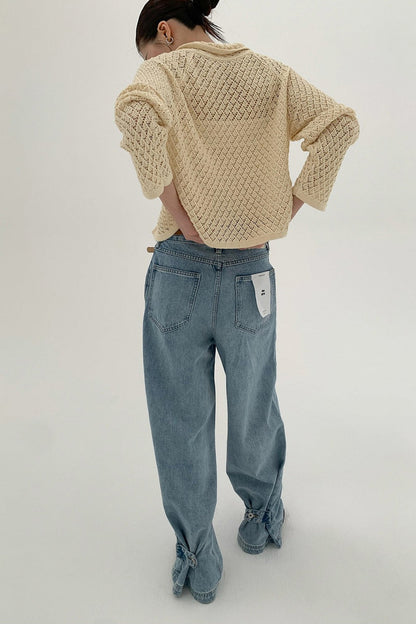 Hollow-Out Collared Tie-Waist Long-Sleeve Short Knit Cardigan