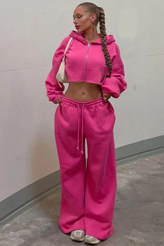 Hooded Zipper Cropped Slim Fit Casual Two Piece Set