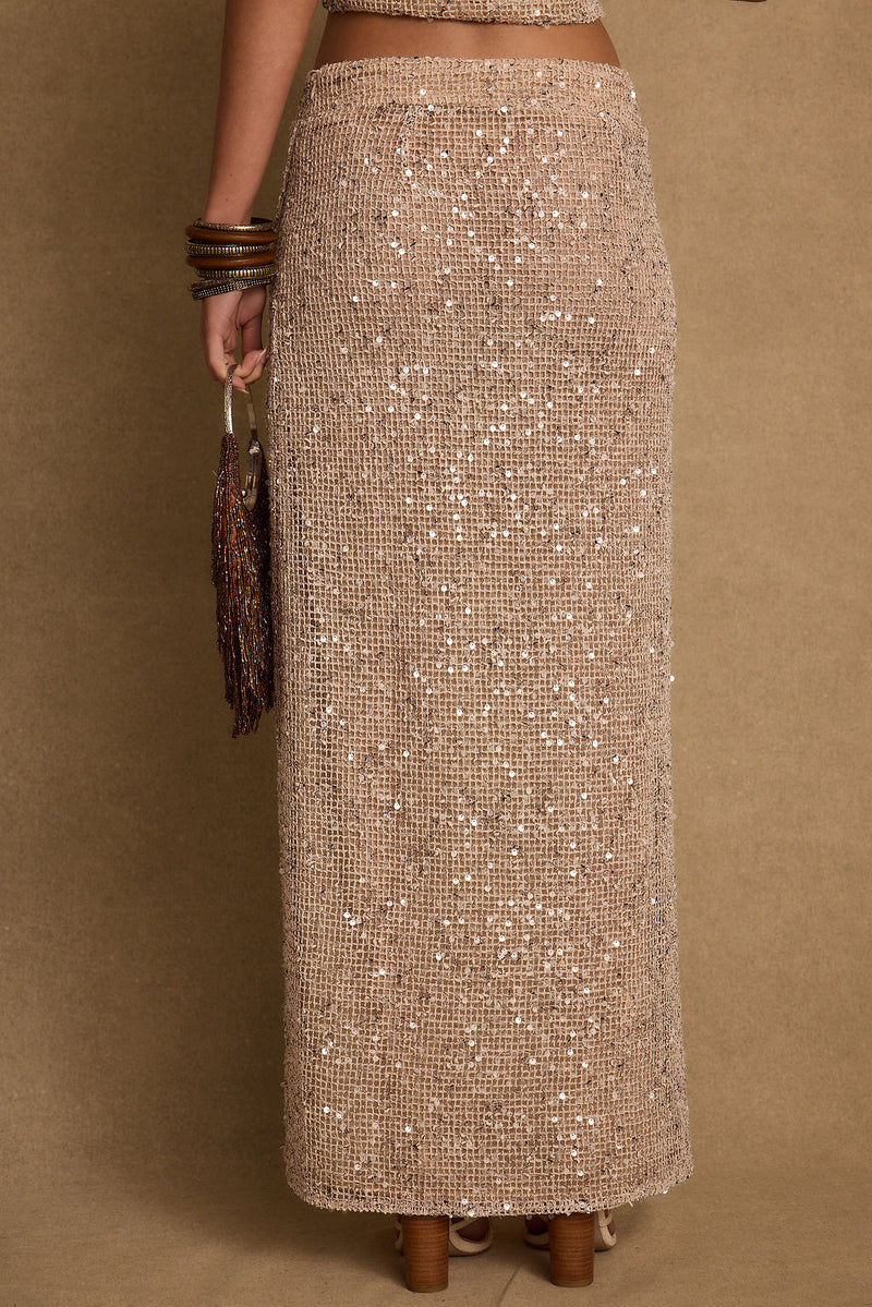 Close-up of the Ibiza Champagne Sequin Maxi Skirt showcasing the sequin texture and craftsmanship.