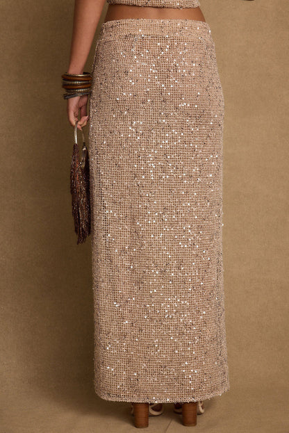 Close-up of the Ibiza Champagne Sequin Maxi Skirt showcasing the sequin texture and craftsmanship.