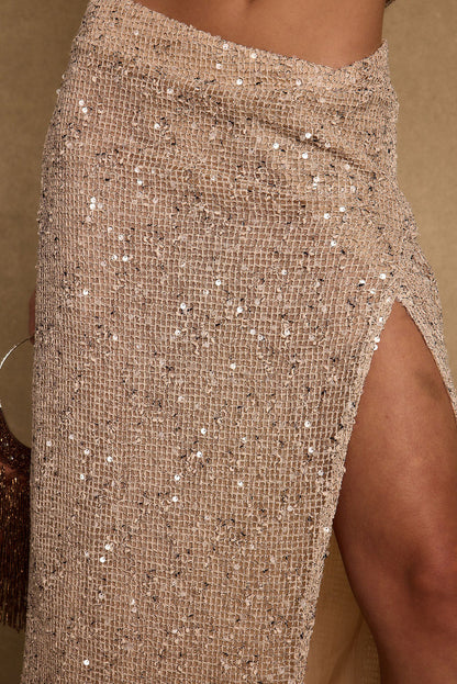 Ibiza Champagne Sequin Maxi Skirt paired with complementary accessories for a polished look.