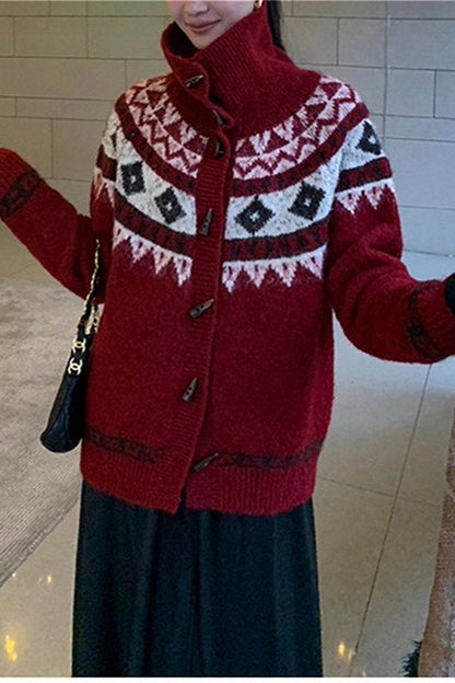 Jacquard Collar Horn Button Retro Loose Knit Cardigan