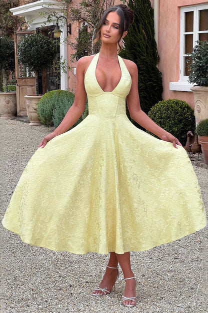 Jacquard Halter V-Neck Party Dress