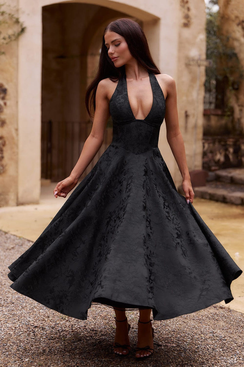 Jacquard Halter V-Neck Party Dress S / Black