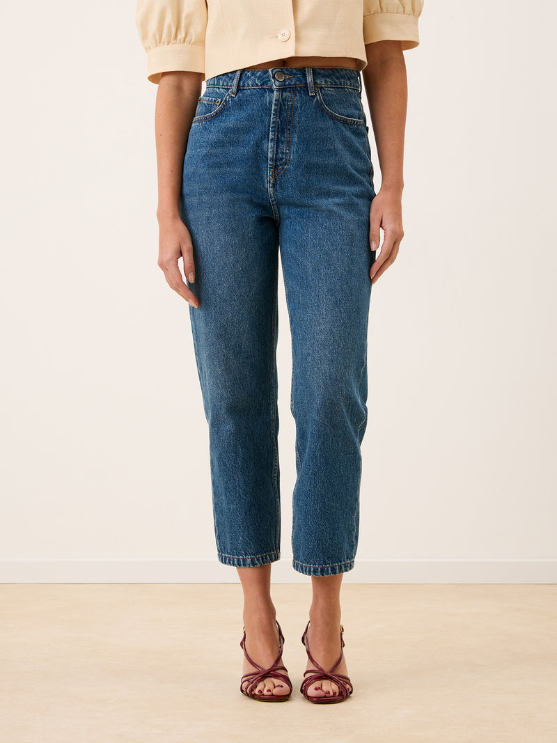 JOURDAIN indigo jeans, back view showing embroidered R pocket by Rouje