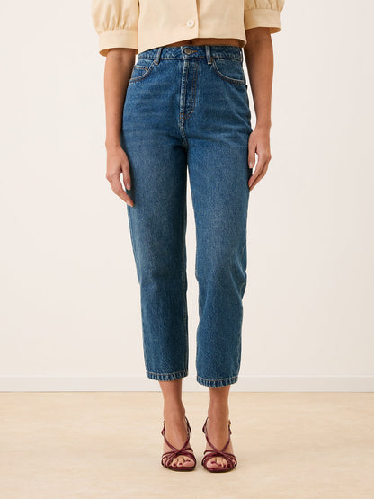 JOURDAIN indigo jeans, back view showing embroidered R pocket by Rouje