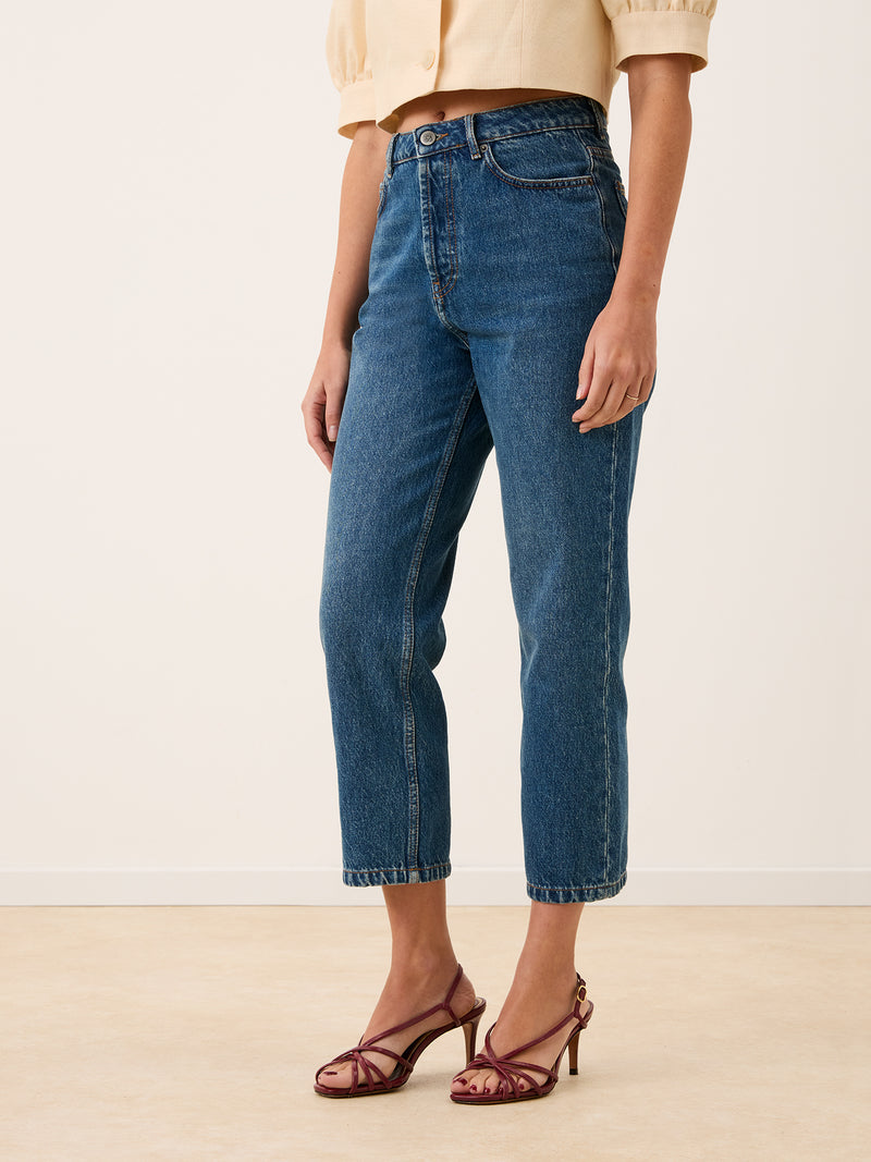 JOURDAIN indigo straight-leg jeans, side view by Rouje