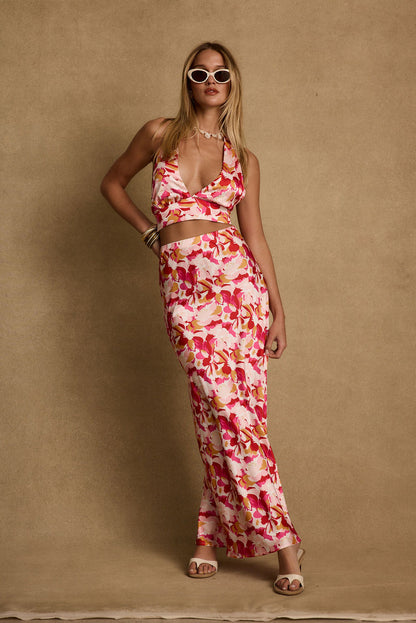 Joelle Pink Floral Maxi Skirt styled in a complete look from an alternate angle.