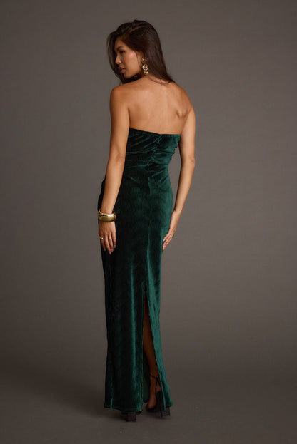 Close-up of the Jones Emerald Velvet Maxi Dress showcasing the velvet texture and craftsmanship.