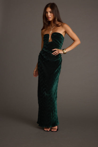 Detail shot of the Jones Emerald Velvet Maxi Dress highlighting the velvet elements.