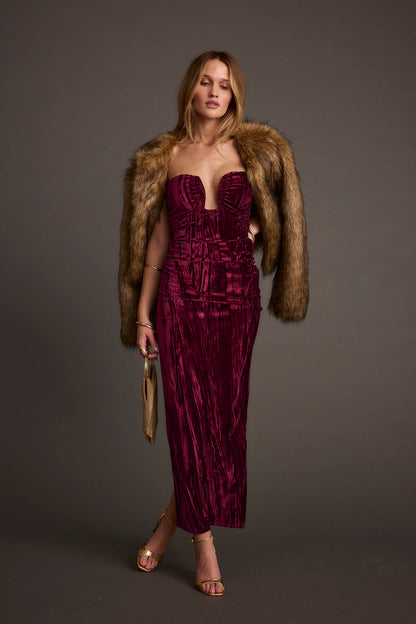 Close-up of the Jones Mulberry Maxi Dress showcasing the fabric texture and design details.