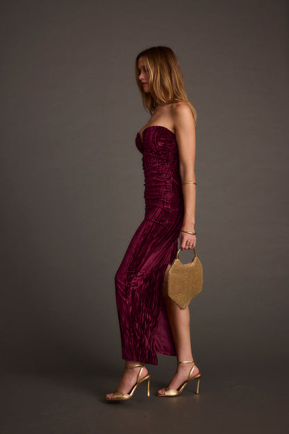 Jones Mulberry Maxi Dress styled in a complete look from an alternate angle.