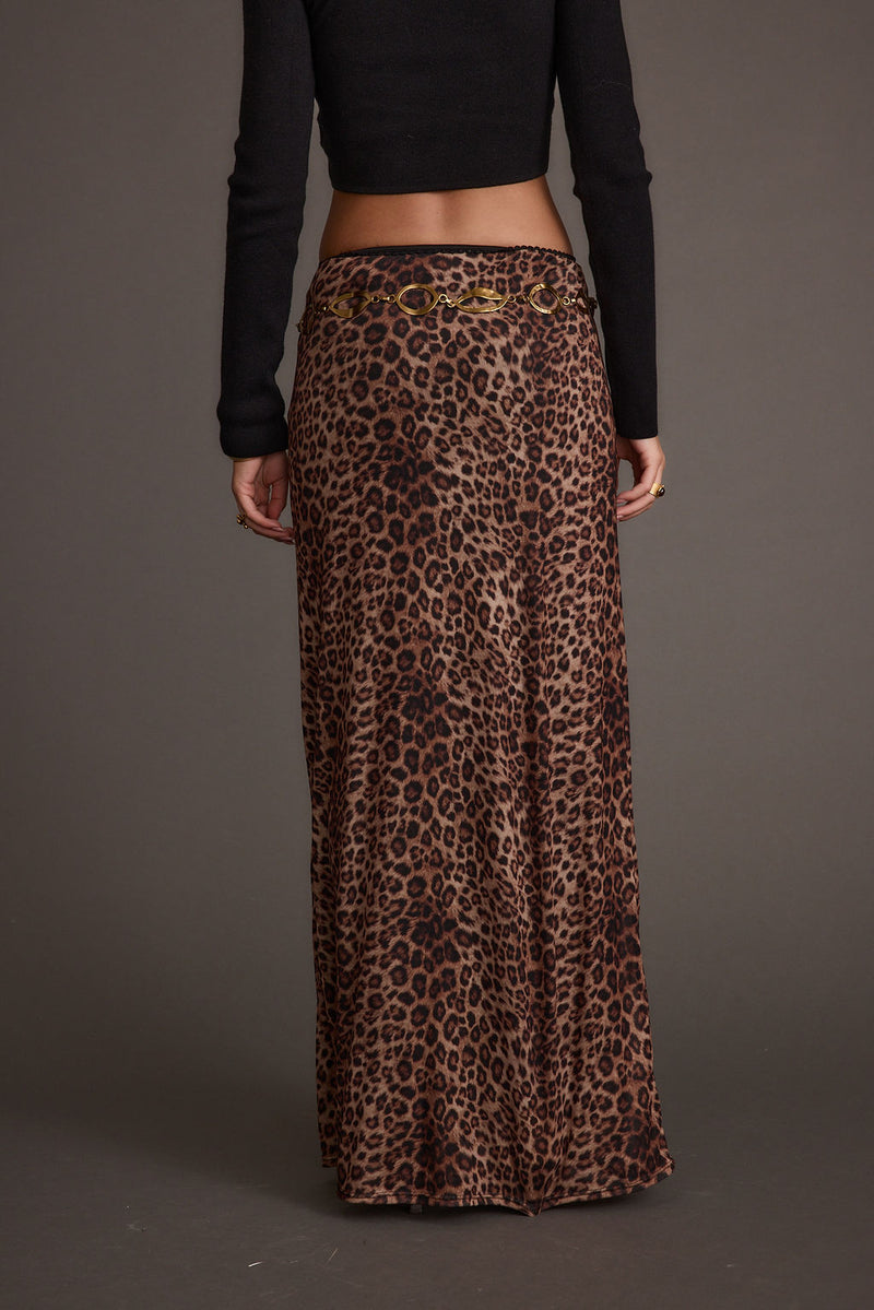 Back view of the leopard print maxi skirt showing the silhouette and fit.