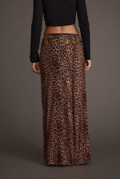 Back view of the leopard print maxi skirt showing the silhouette and fit.