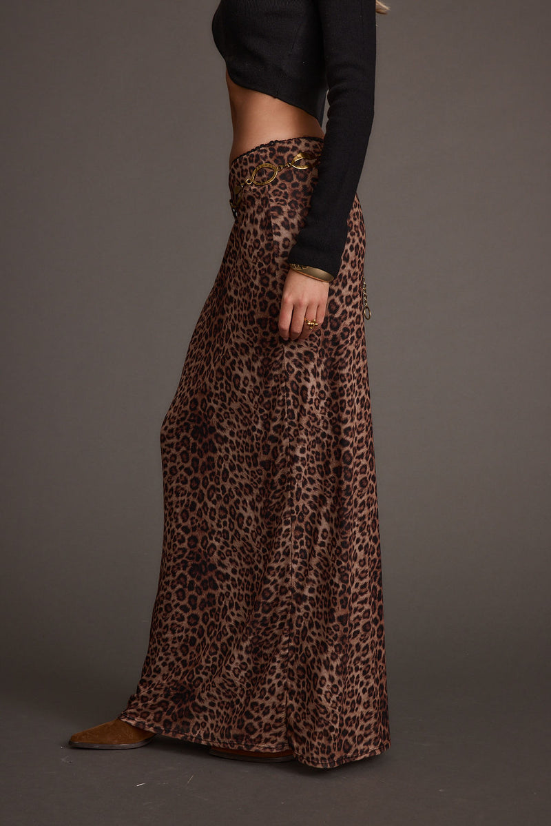 Close-up of the Julia Leopard Print Maxi Skirt showcasing the fabric texture and design details.