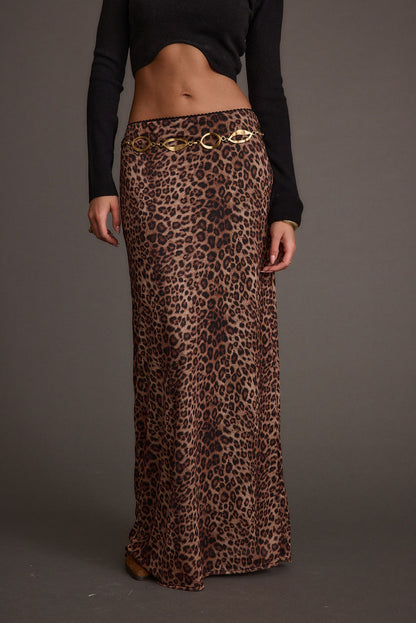 Julia Leopard Print Maxi Skirt styled in a complete look from an alternate angle.
