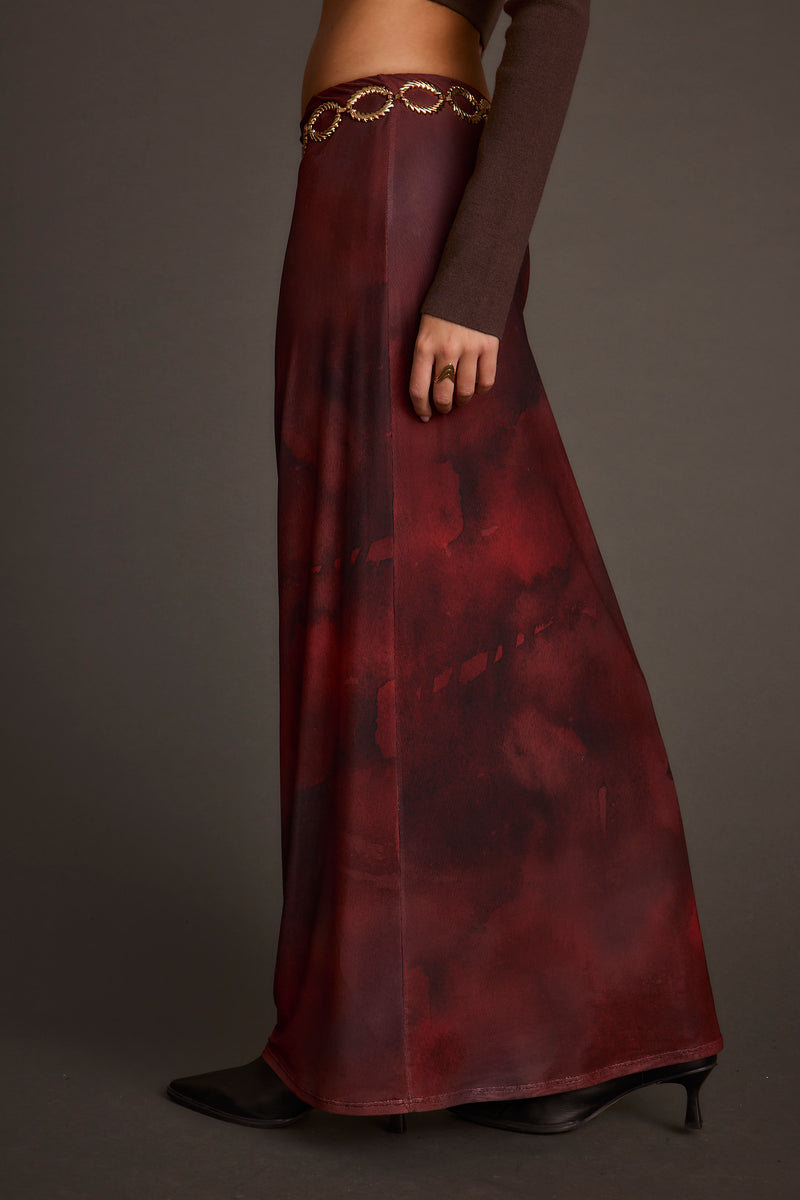 Close-up of the Julia Mulberry Blur Mesh Maxi Skirt showcasing the mesh texture and craftsmanship.