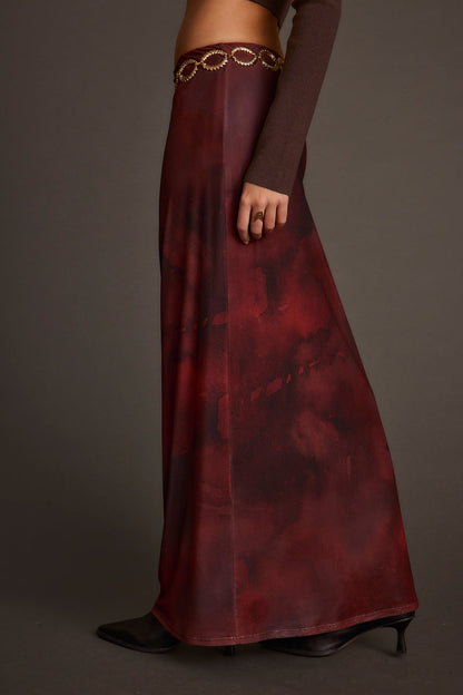 Close-up of the Julia Mulberry Blur Mesh Maxi Skirt showcasing the mesh texture and craftsmanship.
