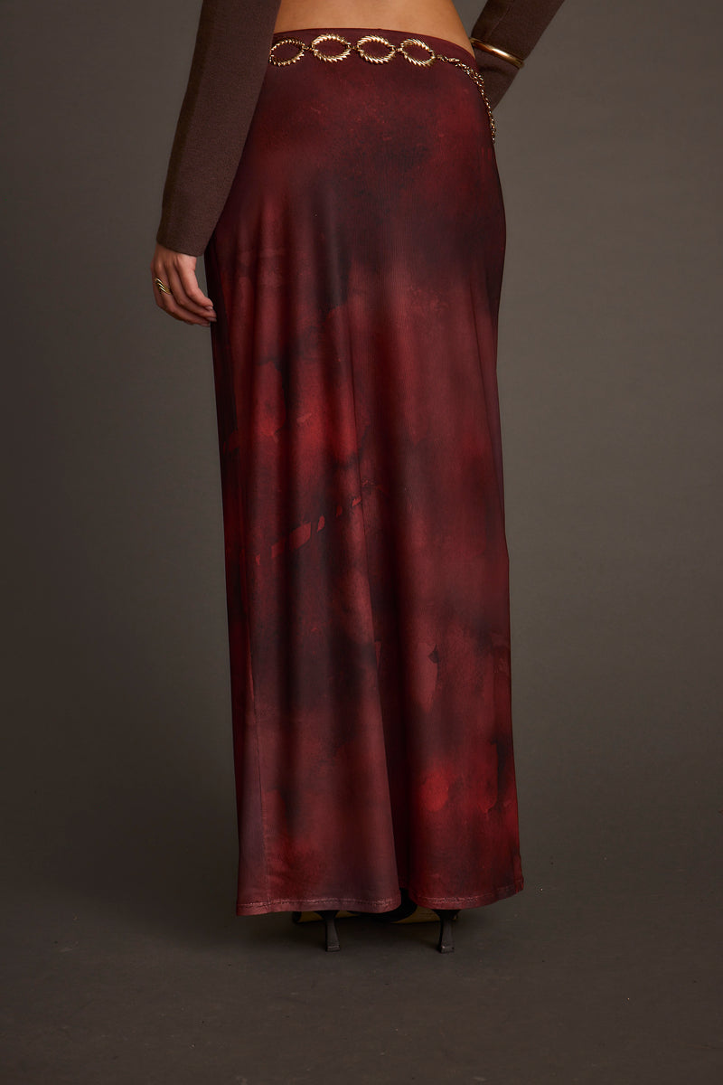 Julia Mulberry Blur Mesh Maxi Skirt styled in a complete look from an alternate angle.