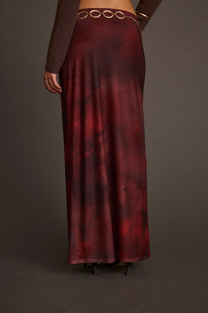 Julia Mulberry Blur Mesh Maxi Skirt styled in a complete look from an alternate angle.