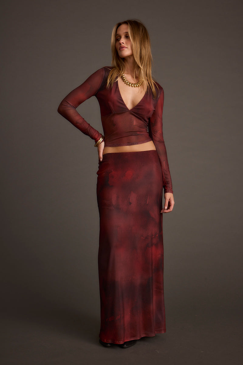 Additional view of the Julia Mulberry Blur Mesh Maxi Skirt from a different perspective.