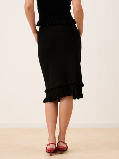 BEGUM black ruffled knit midi skirt, side view by Rouje