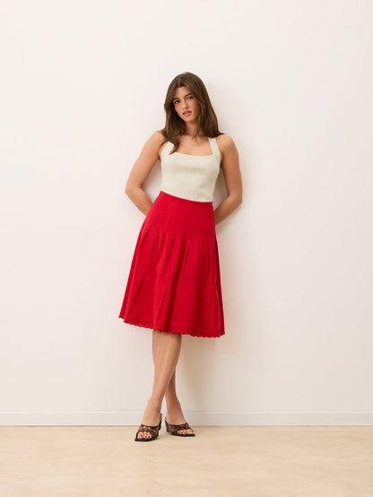 CORALINE red cotton ruffled midi skirt, front view by Rouje