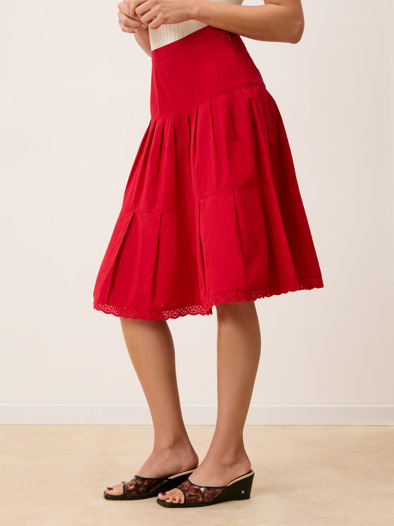 CORALINE red ruffled midi skirt, detail of lace band hem by Rouje