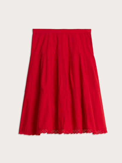 CORALINE red cotton ruffled midi skirt, flat packshot by Rouje