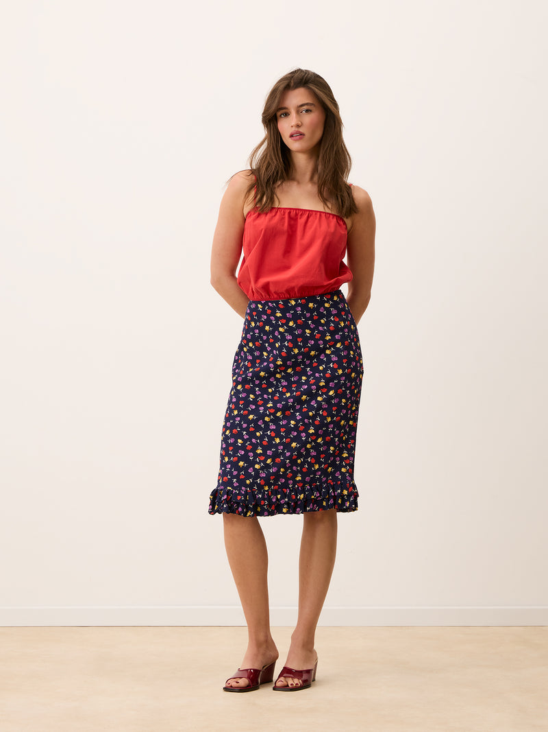 ELIETTE navy tulip print flowing crepe midi skirt, front view by Rouje