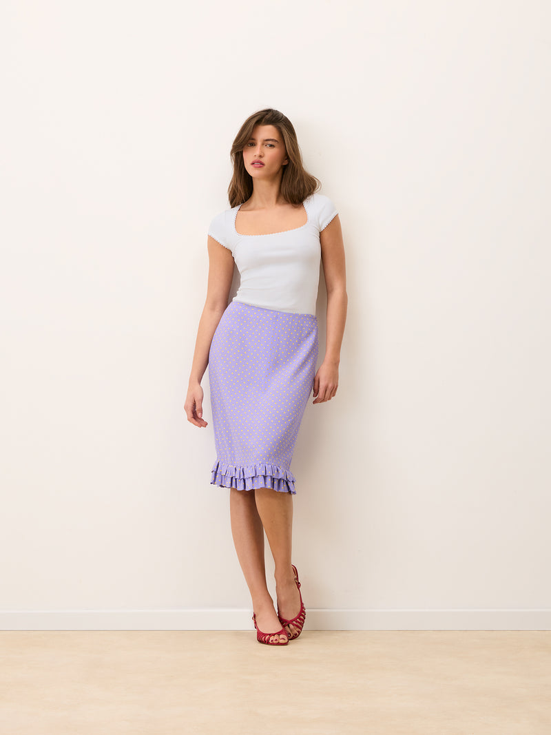 ELIETTE lilac yellow polka-dot flowing crepe midi skirt, front view by Rouje