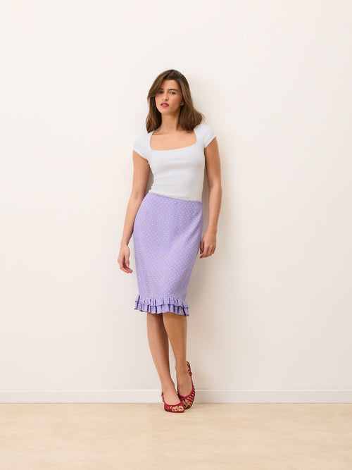 ELIETTE lilac yellow polka-dot flowing crepe midi skirt, front view by Rouje