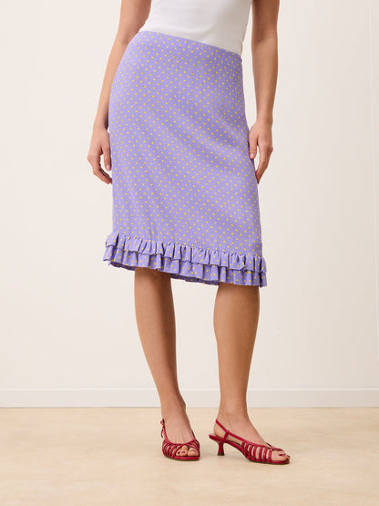 ELIETTE lilac polka-dot crepe skirt worn on a model by Rouje
