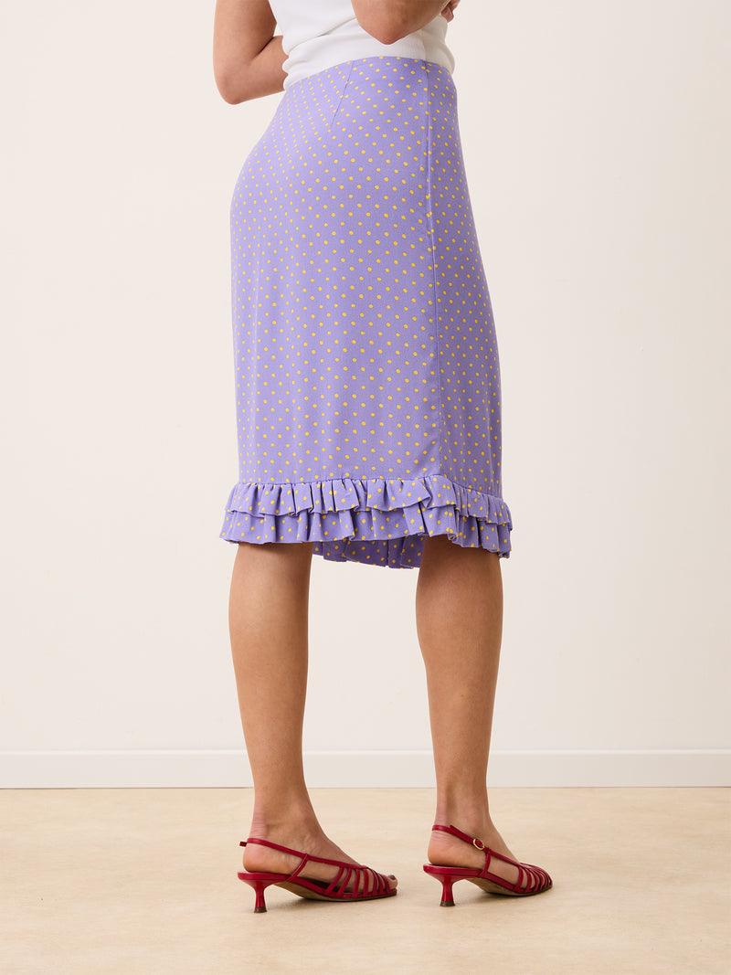 ELIETTE lilac yellow polka-dot crepe midi skirt, back view by Rouje