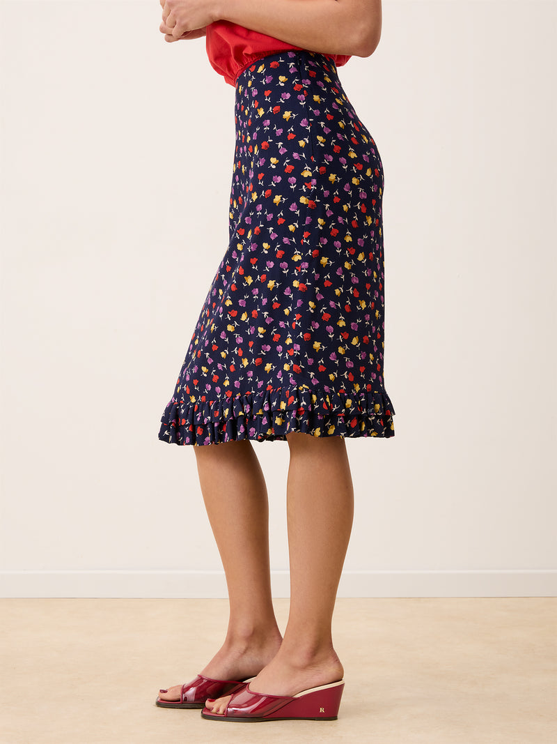 ELIETTE navy tulip print flowing midi skirt, back view by Rouje