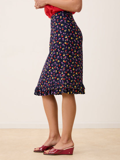 ELIETTE navy tulip print flowing midi skirt, back view by Rouje
