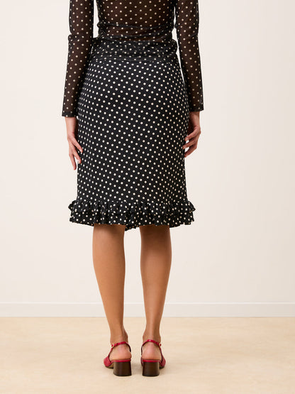 ELIETTE black polka-dot crepe skirt, detail of double ruffles at hem by Rouje