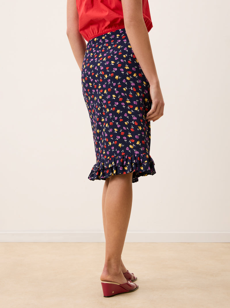 ELIETTE navy tulip print crepe midi skirt, detail of double ruffles at hem by Rouje