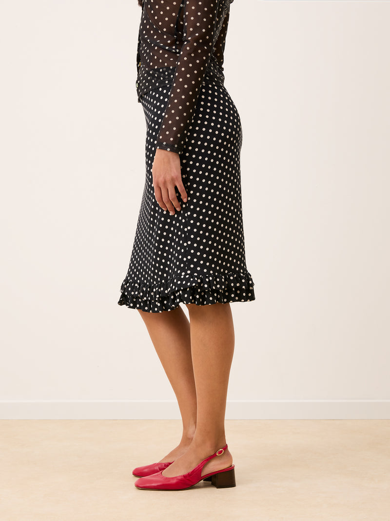 ELIETTE black Carmen polka-dot flowing crepe skirt, side view by Rouje