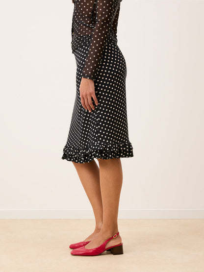 ELIETTE black Carmen polka-dot flowing crepe skirt, side view by Rouje