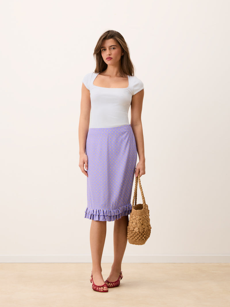 ELIETTE lilac yellow polka-dot flowing crepe midi skirt, flat packshot by Rouje