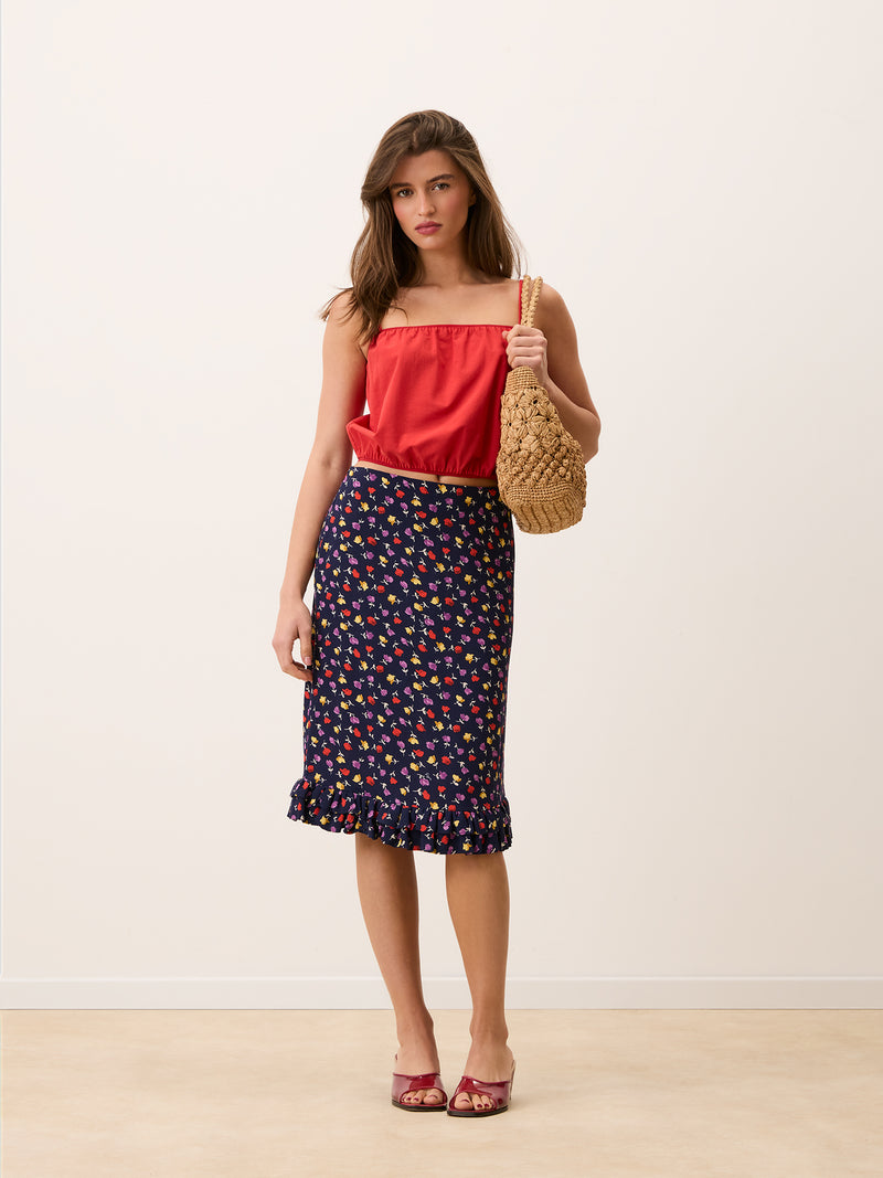 ELIETTE navy tulip print flowing crepe midi skirt, flat packshot by Rouje