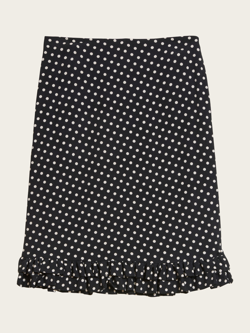 ELIETTE black Carmen polka-dot flowing crepe skirt, flat packshot by Rouje
