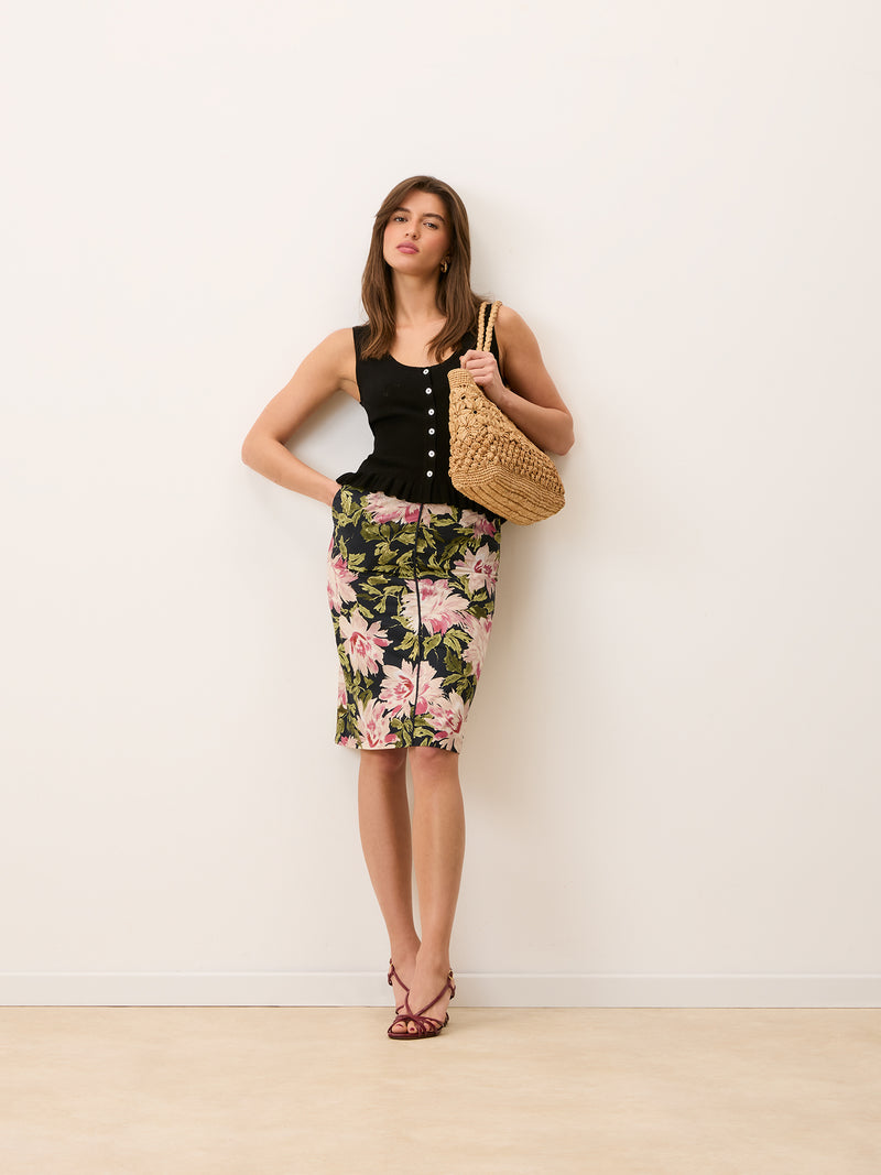 FABIA Vanity peony floral print poplin straight midi skirt, front view by Rouje